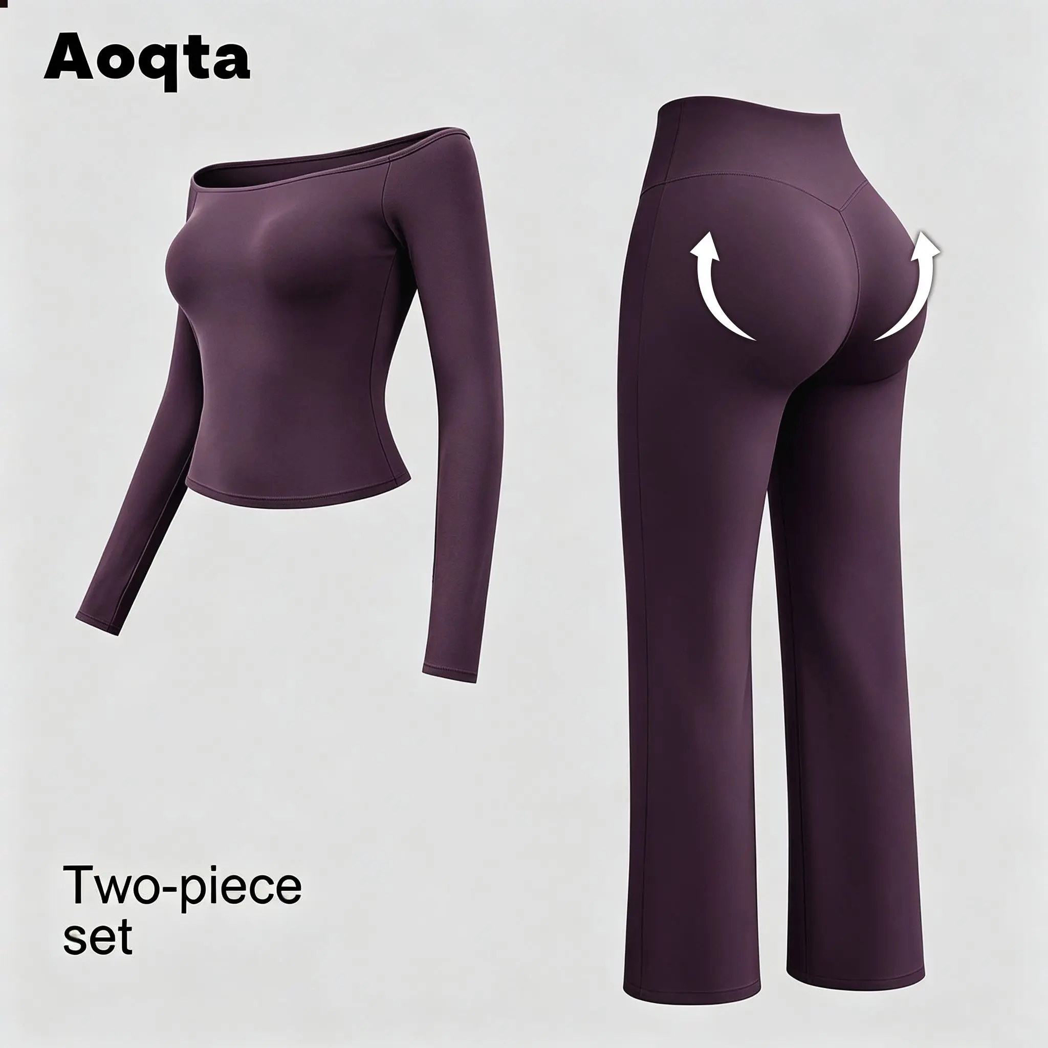 Aoqta Women’s Two-Piece Fitness Set – Quick Dry, Off-Shoulder Long-Sleeve Top, Loose Fit High-Waisted Ankle-Length Flared Pants, Suitable for Gym and Fitness Activities, Two-Piece Set
