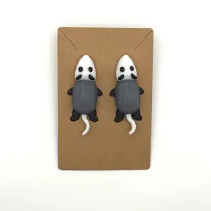 Handmade 3D Printed Opossum Dangle Earrings | Hypoallergenic | Gray & White | Cottagecore | Discounted
