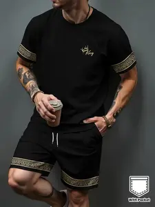 Men's Casual Loose-Fitting Round Neck Short Sleeve T-Shirt & Drawstring Shorts Set, Matching, Summer Outdoor Activities, All over Print, Classic