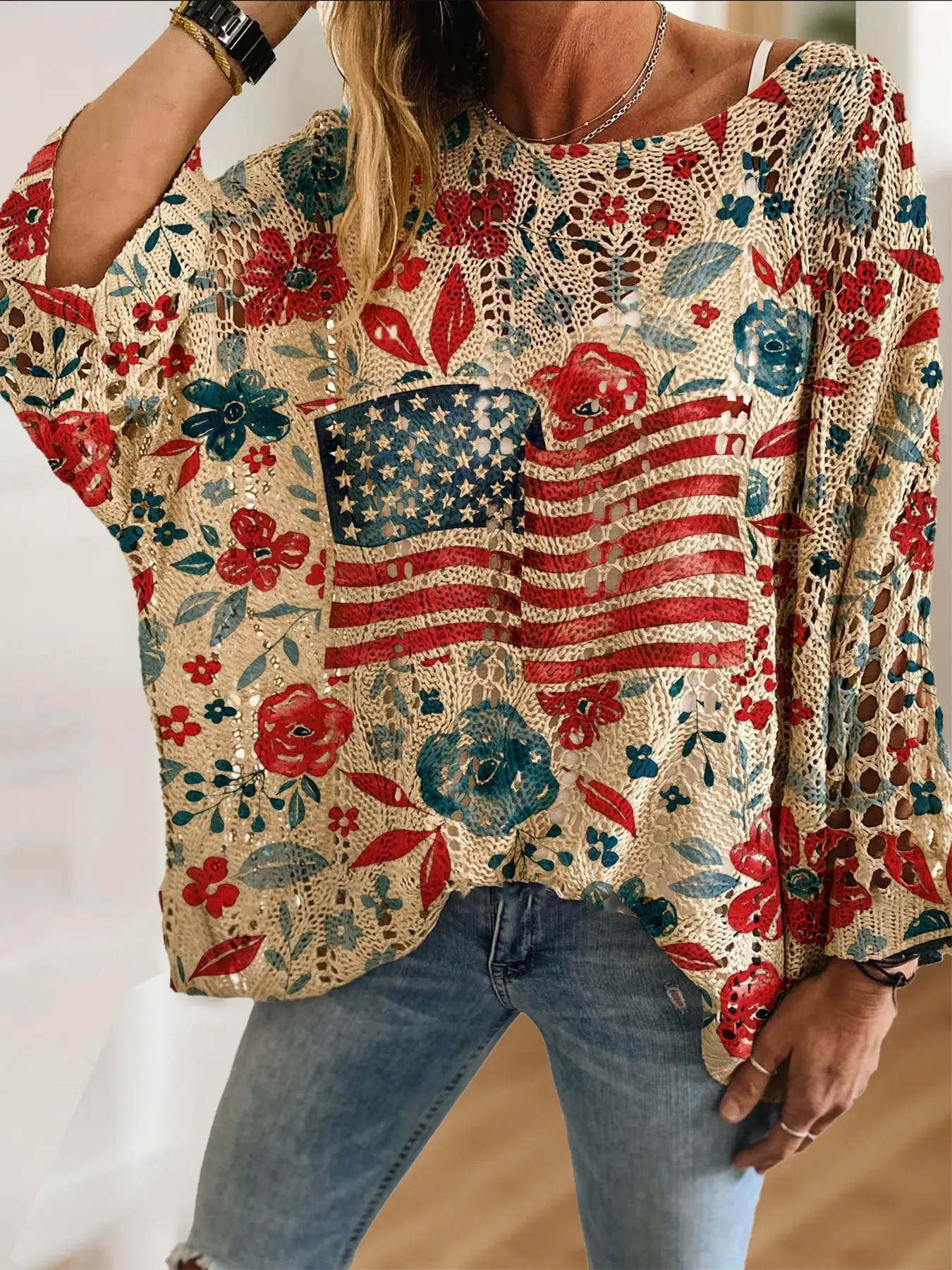 Women's Independence Day Blue Floral Flag Print Crew Neck Batwing Long Sleeve Knit Top, Casual Elegant Vacation Style Sweater Knitwear, Comfortable Breathable Women's Shirt, Womenswear