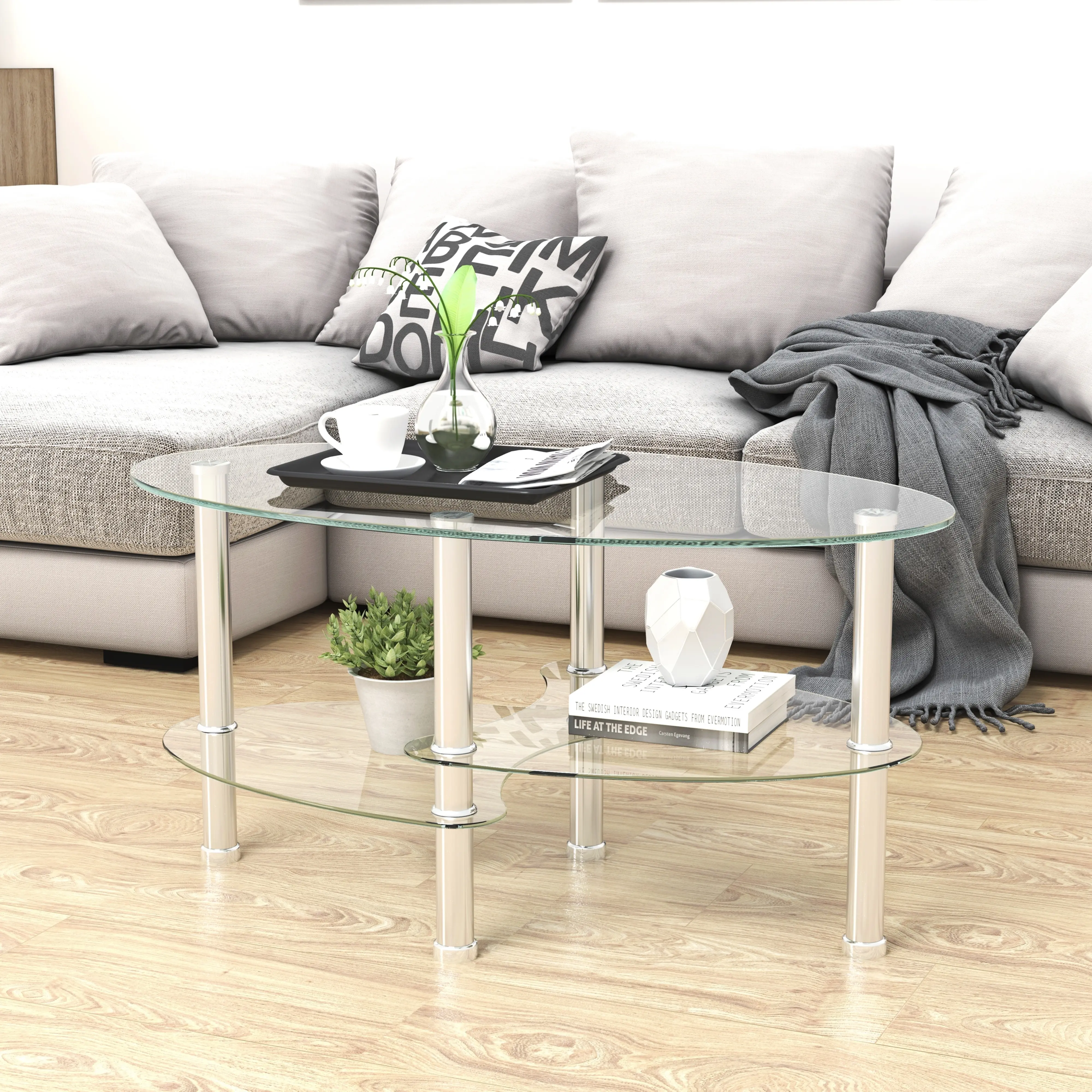 Transparent Oval Glass Coffee Table - Modern 3-Layer Living Room Table with Stainless Steel Legs