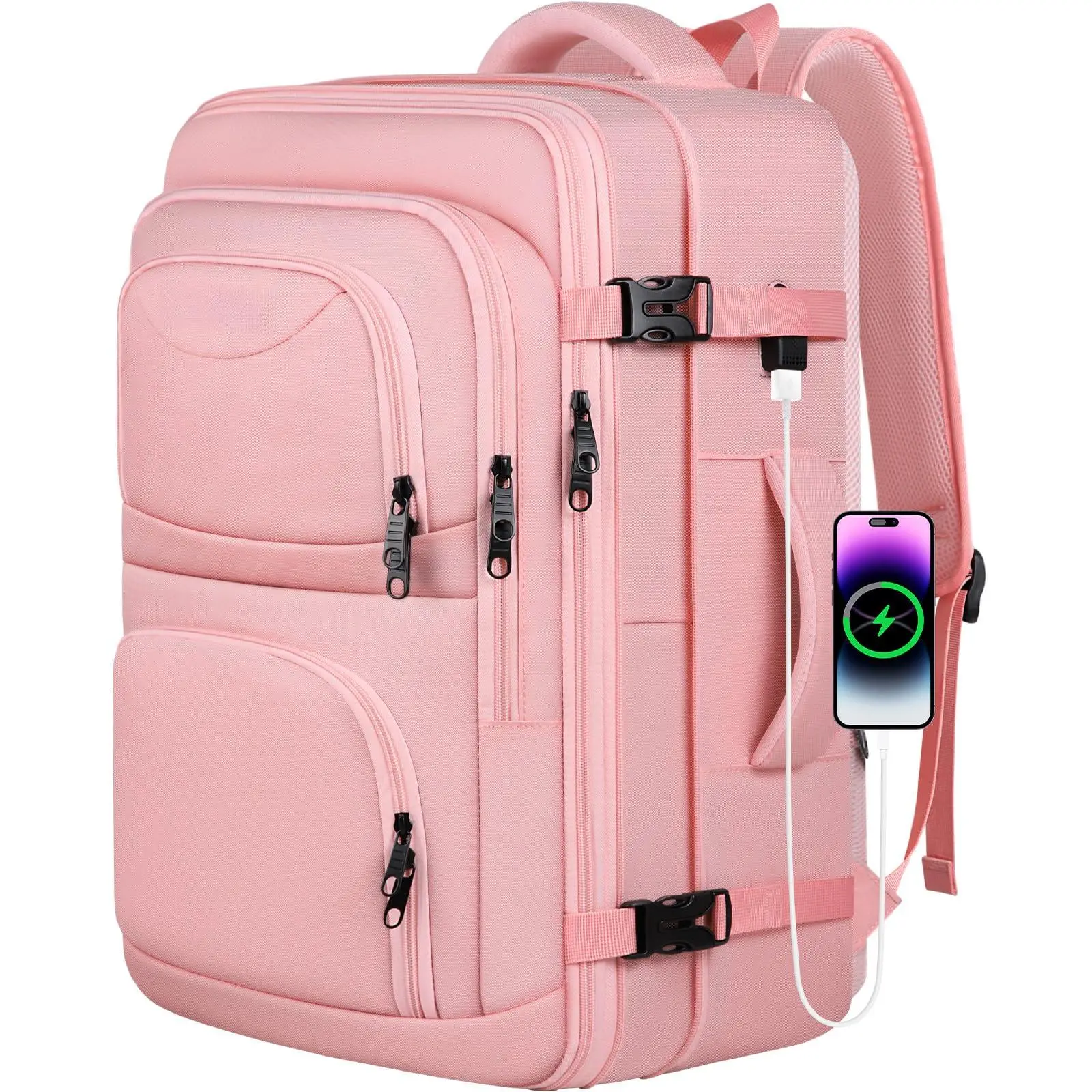 Travel Backpack For Women  52l Carry On Extra Large Expandable Bag 18.4 Inch Tsa Flight Approved Luggage Personal Item Size With Usb Teacher Business Daypack Pink