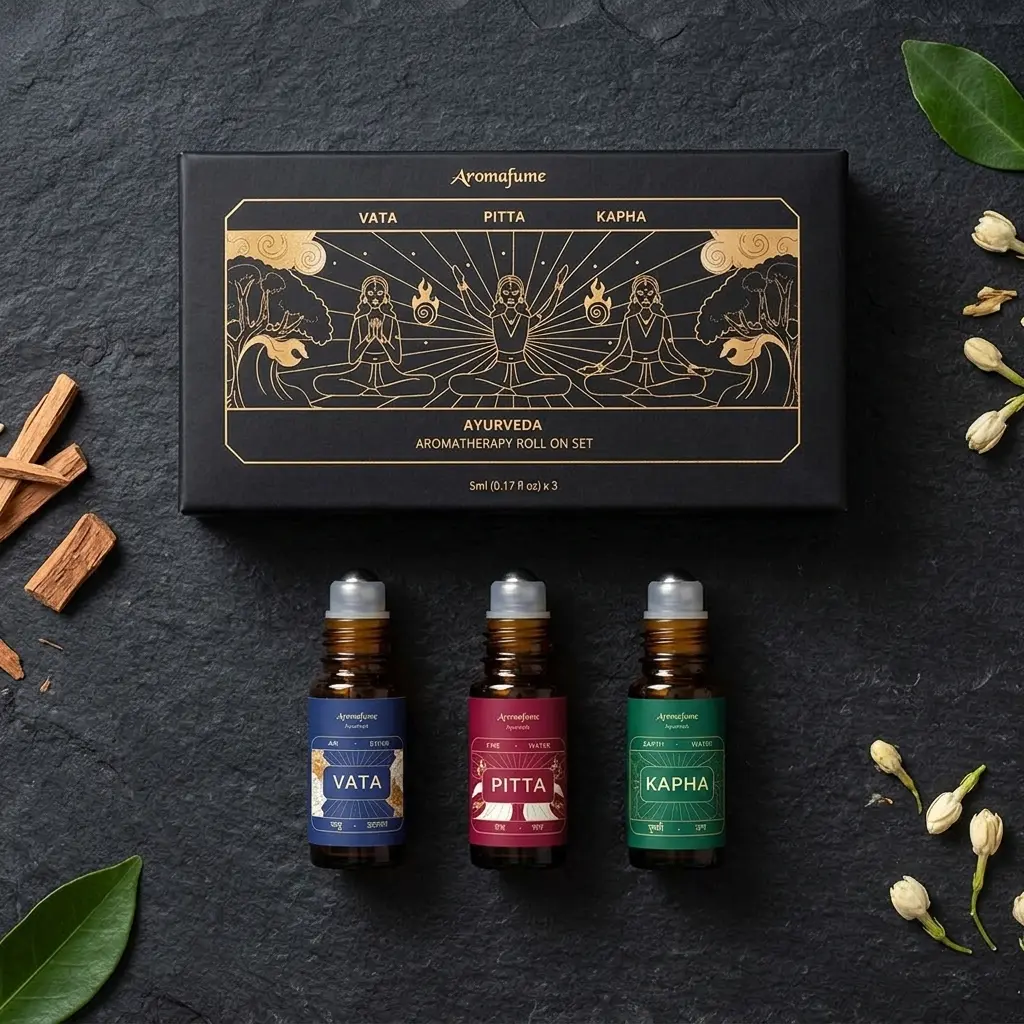 Ayurveda Essential Oil Roll On Blend Assorted Set | Vata,Pitta,Kapha Balancing Roll on Perfume Oils | Use for Aromatherapy, Relaxation Set | Reiki, Yoga & Stress Relief Gifts | 5ml | Aromafume