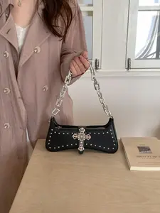 Women's Punk Gothic Underarm Bag, French Bread Bag with Rhinestone Cross Magnet, Rivet Decoration, Thick Chain Strap, Streetwear, Concert, Night Out