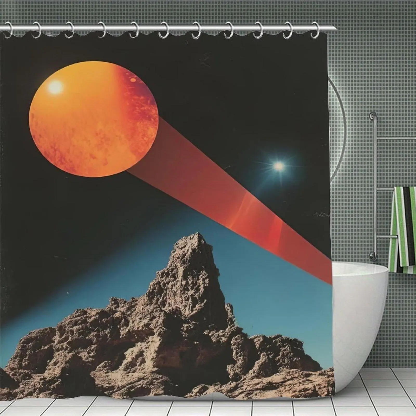 Vintage Space Planet Rocky Mountain Surreal Art Shower Curtain