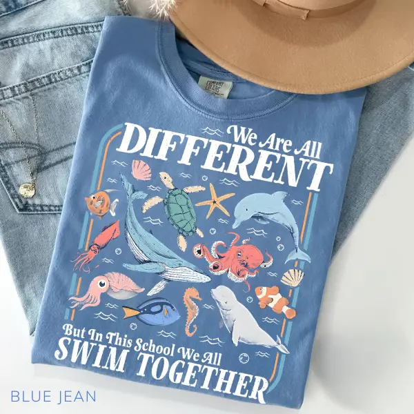 Comfort Colors We Are All Different Swim Together Shirt, Teacher T-Shirt Back to School 2025, Inclusive Ocean Animals Tee, Teacher Appreciation Fit Summer