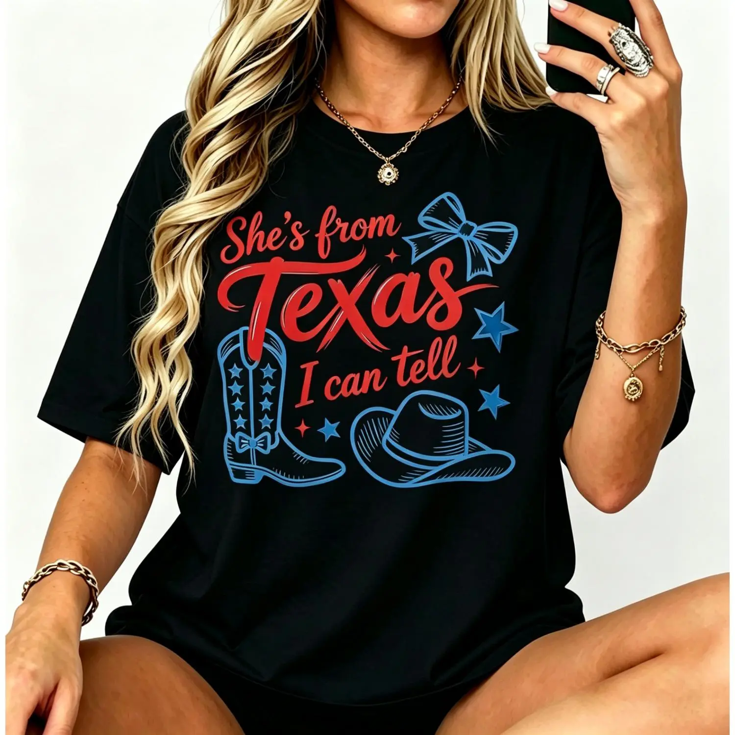 Women Cotton T-Shirt Based On She's From Texas I Can Tell With Southern Cowgirl Theme Short Sleeve Tee