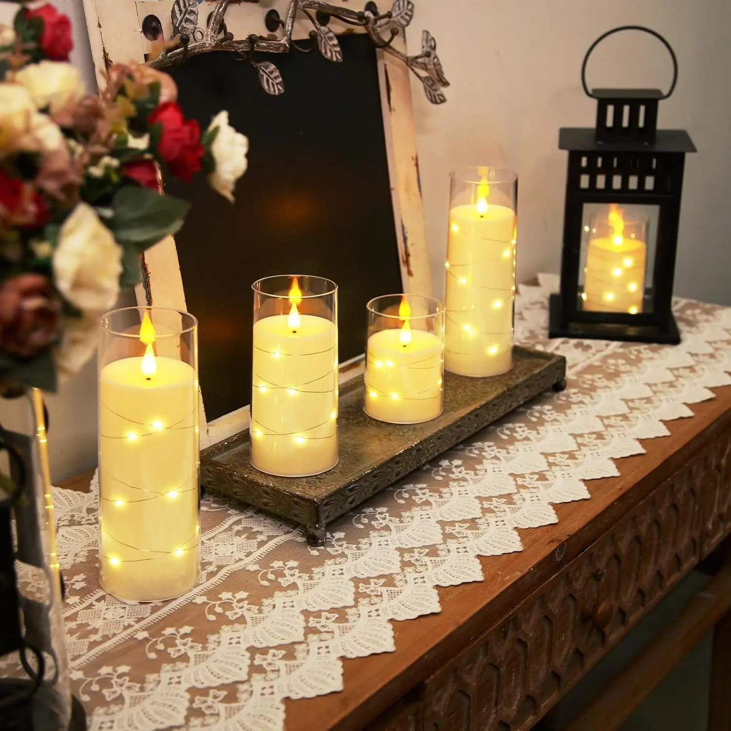 Flameless Candles with Embedded Star String Fairy Lights, Battery Operated Candles, LED Candle, Fake Candles with Remote Control and Timer, Ivory, Set of 5(H4 5" 6" 8" 8") Nightlight For Bedroom Lighting Modes Adjustable candle warmer candle warmer lamp