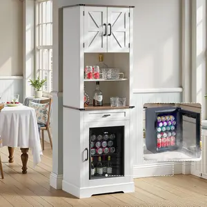 AMERLIFE Bar Cabinet with Fridge, 69" Farmhouse Wine Cabinet with Storage Drawers & Adjustable Shelves, Coffee Bar Cabinet for Home bar, Dining Room, Living Room