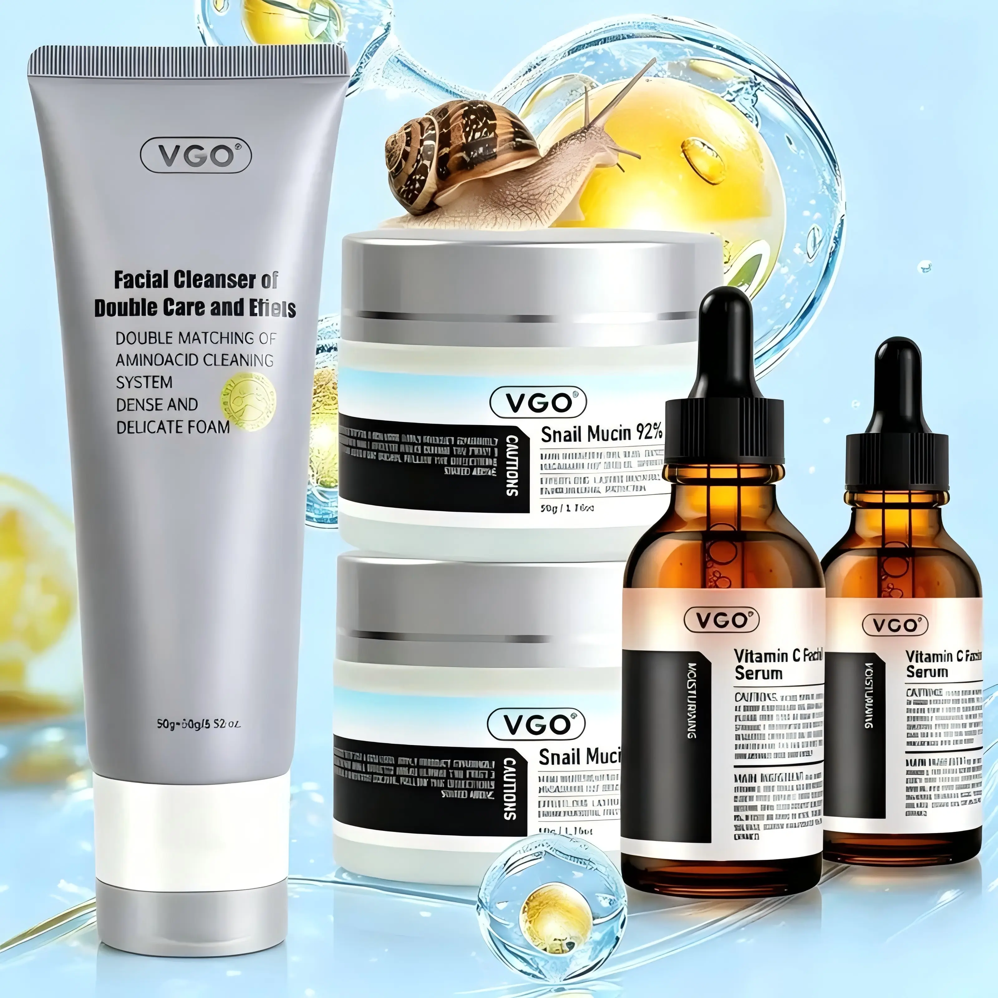 VGO-Vitamin C Serum, Moisturizer Snail, and Facial Cleanser Set Cleansing Moisturizing Suitable for sensitive skin Daily Gentle Skin Care Products Anti Aging Set