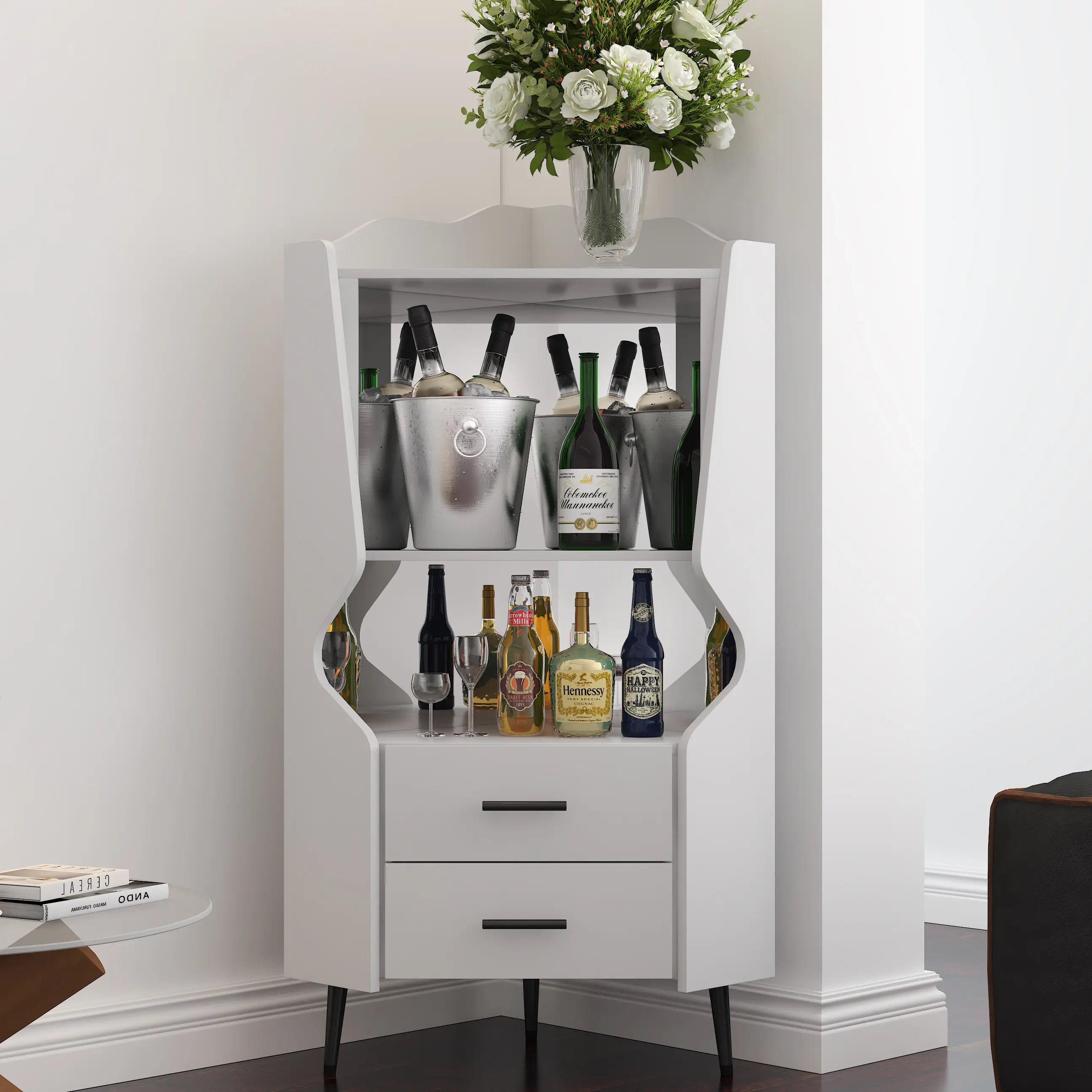 Wooden Corner Bar Cabinet with 2 Open Shelves and 2 Drawers, Mirrored Back Sideboard Buffet Cabinet, High Feet/Legs for Easy Cleaning, White Home Bar Furniture Storage Cabinet for Living Room Dining Room, Home Furniture and Household Product