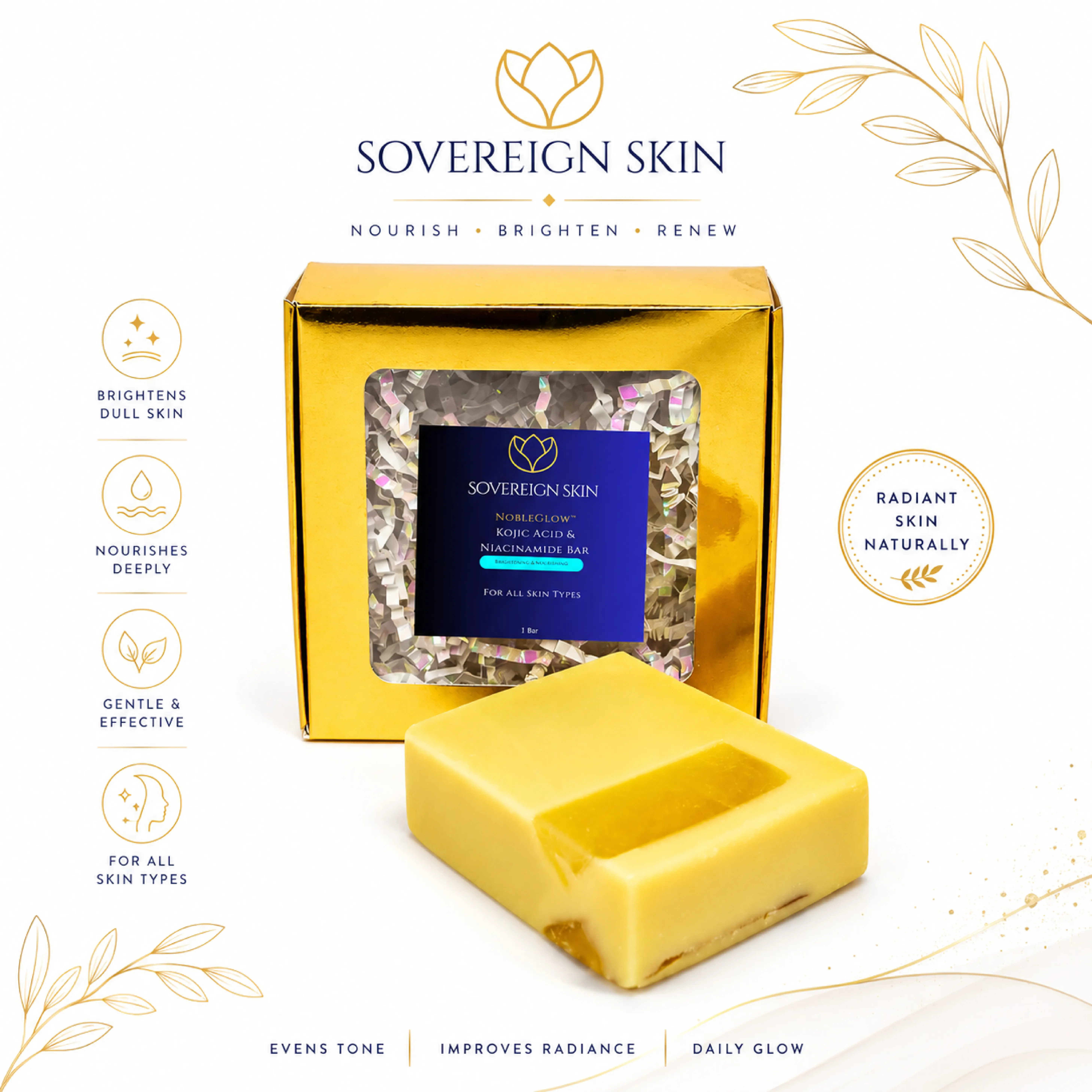 Sovereign Skin NobleGlow Brightening Bar | Kojic Acid & Niacinamide Cleansing Soap | Face & Body Wash for Uneven Tone, Dull-Looking Skin & Daily Cleansing | Moisturizing Beauty Bar with Turmeric, Shea Butter & Coconut Oil