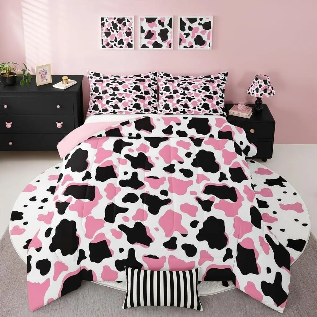 Pink Black Cow Print Comforter Set All Season Cowhide Bedding Set Western Farm Animal Skin Microfiber Bedclothes Farmhouse Bedroom Decor Duvet Quilt Soft