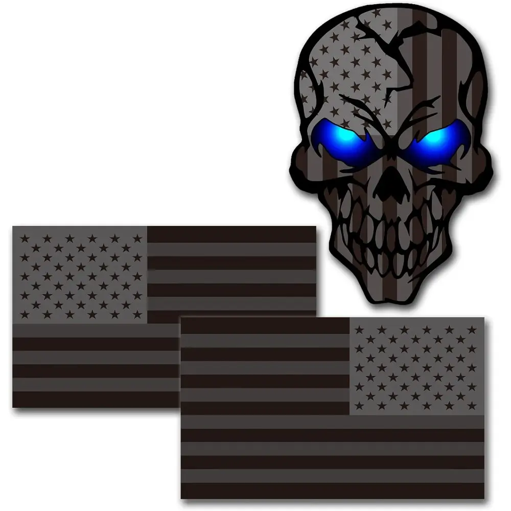3-Pack 5.1in Reusable PVC Vinyl Skull Stickers, All-Black Reflective, Water-Resistant, UV Fade-Proof, Automotive Exterior Accessories for Cars, Trucks, Jeeps (1-3 Years Use Suitability)