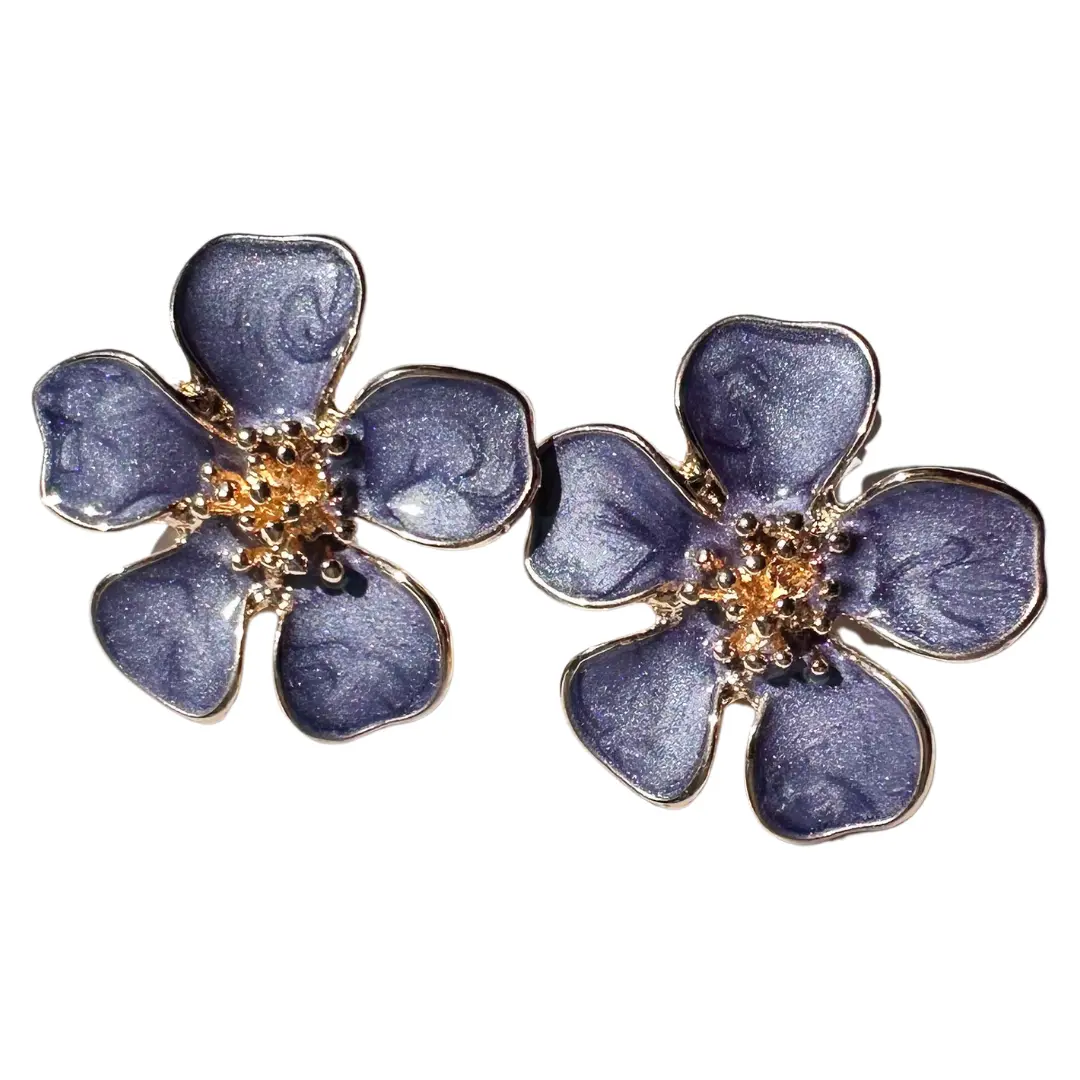 Statement Gold Purple Enamelled Flower Earrings for Female Fashion Accessories