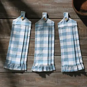 Dusk Blue Check Button Loop Tea Towel Set of 3