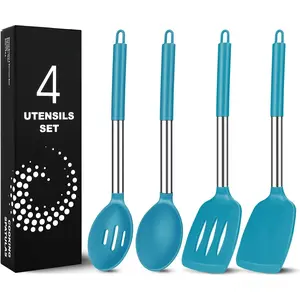 Pack of 4 Large  Cooking Spatulas and Spoons, Slotted and Solid Stainless Steel Cooking Utensils Set, Non-stick Heat Resistant  for Baking, Fried, Stir-Fry, Mixing, Serving (Blue)
