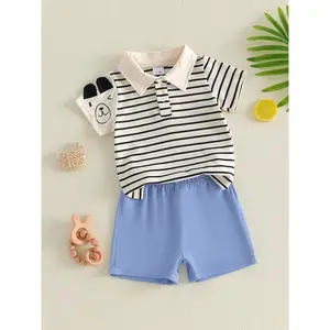 Boys Summer Shorts Sets Short Sleeve Lapel Button Striped Shirt and Solid Color Shorts Outfits
