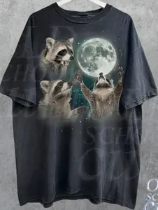 Three Raccoons Vintage Graphic T-shirts, Retro Raccoon Moon Tshirt, Raccoon Lovers, Funny Raccon Tee, Oversized Washed Tee, Raccoon Gifts