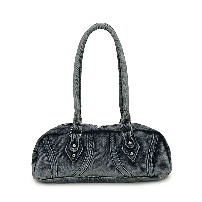 Women Vintage Washed Denim Baguette Shoulder Bag, Y2K Retro Jean Handbag, Lightweight Casual Under‑arm Purse for Daily Outfit
