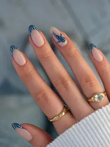 24Pcs Almond French Blue Polka Dot Dolphin Press-On Nails Set – Full Cover False Nails with Jelly Gel & Nail File, Cute Summer Beach Nail Art for Women & Girls, Daily Wear & Party Nails