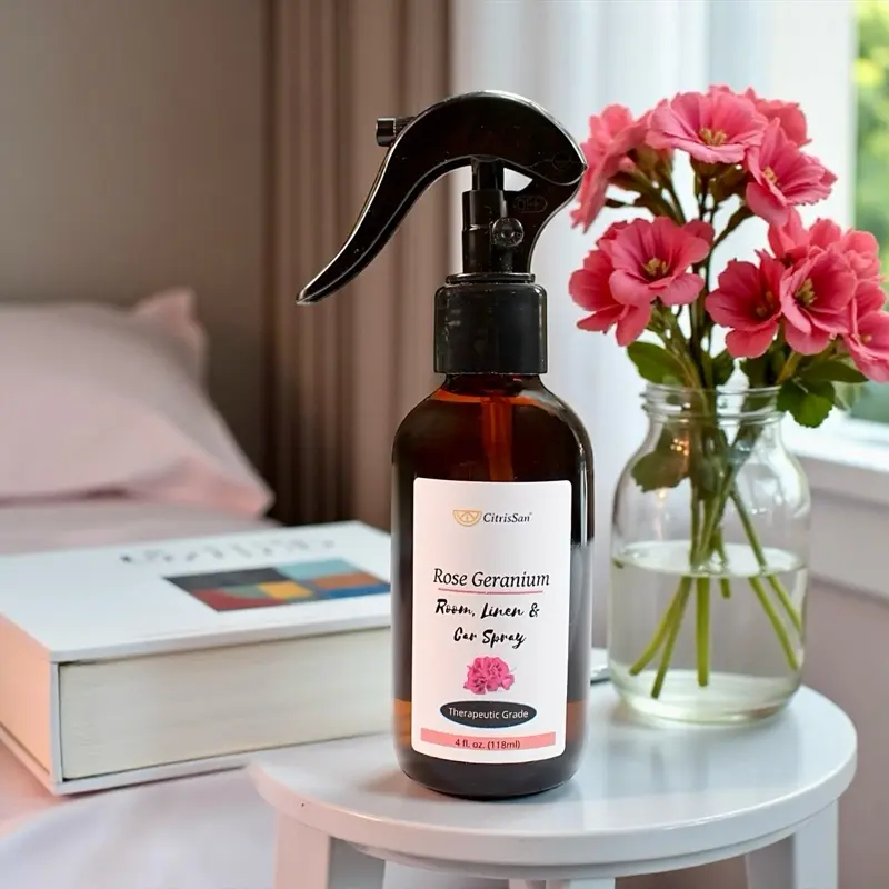 CitrisSan Rose Geranium Scented Room & Car Freshener Spray - Therapeutic Grade, 4 oz, Natural Ingredients, Floral Fragrance & Aroma for Home & Vehicle
