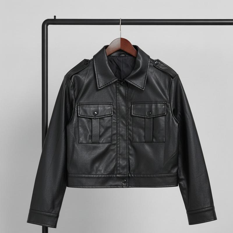 Lypobala Women's Black Faux Leather Cropped Jacket – Snap Button Front, Long Sleeve Moto Style