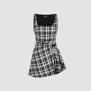 Women's Casual Cider Plaid Mini Dress, U-Neckline, Ruched, Belted, Size 0-10