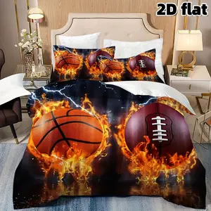 2D Flat 3Pcs Flaming Basketball & Football - Dynamic Sports Theme Bedding, bed sets supplies, Soft Microfiber Comforter with 2 Pillowcases (No Filling), for Teen Boys Fan Bedroom Decor.