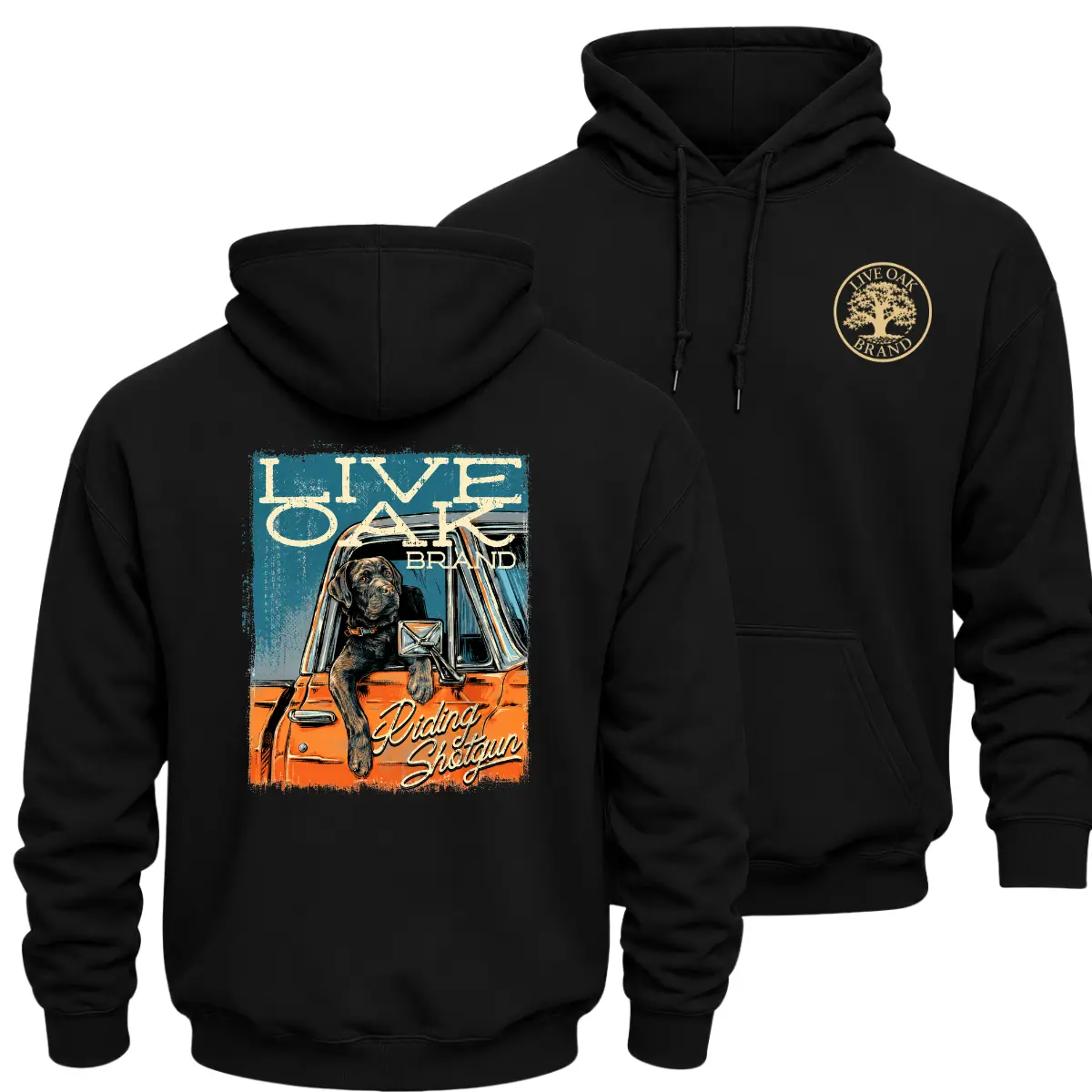Vintage Riding Shotgun Dog Outdoor Hoodie, Double Sided Black Labrador Truck Graphic Pullover Sweatshirt, Retro Southern Truck Dog Hoodie, Heavyweight Sweatshirt, Labrador Dog Owner Gift For Men