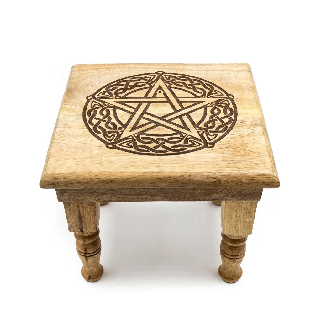 Pentagram Altar Table — Sacred Foundation Carved Wood Display Stand