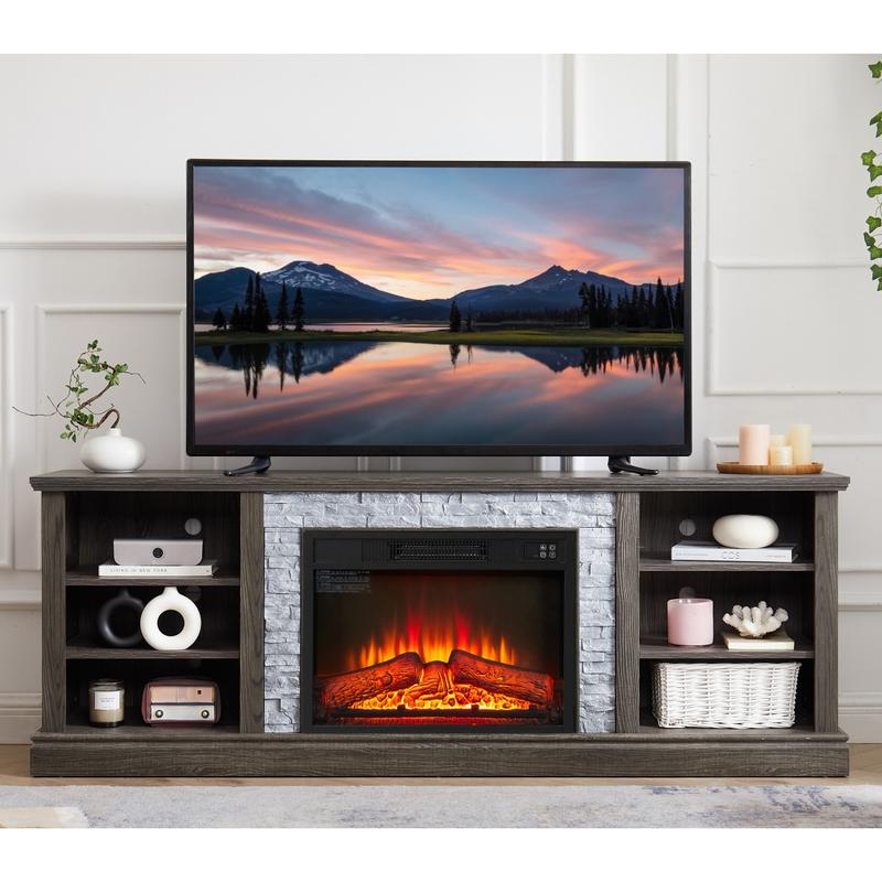 Large Fireplace TV Stand Storage Rack with Faux Stacked Stone Surround, Modern Media Console Table with Large Storage Cabinet and 23" Fireplace Insert, 70.12"W*15.35"D*25.83"H