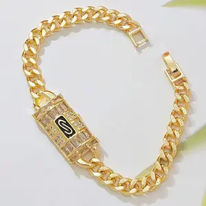 14K Gold Plated Cuban Link Bracelet with Baguette CZ S-Logo Lock Charm, Chunky Hip Hop Statement Bracelet for Women, Luxury Enamel Inlay Jewelry