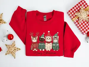 Meowy Christmas Shirt for Cat Lovers - Fitted Long Sleeve Crewneck Hoodie Sweatshirts - Perfect Christmas Gift for Cat Moms & Lovers - Festive Cat-Themed Christmas Top