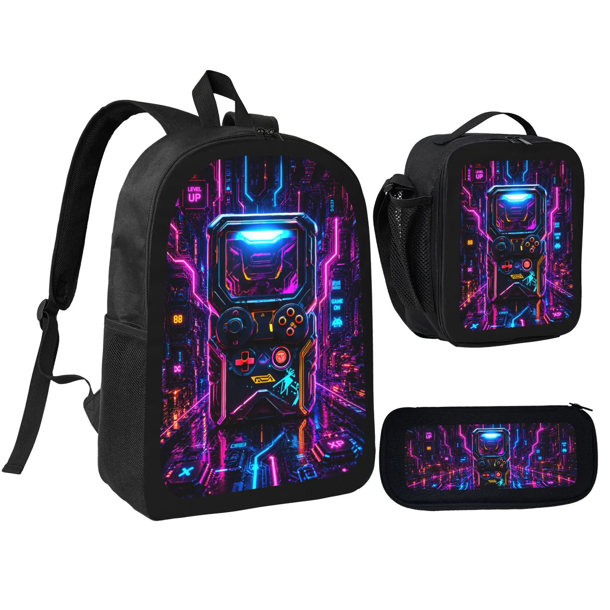 Neon Cyberpunk Game Controller Backpack Set 3 in 1, Gaming Backpack with Lunch Box Pencil Case, Cool Video Gamer Laptop Backpack School Bag Set For Boys Teens Kids