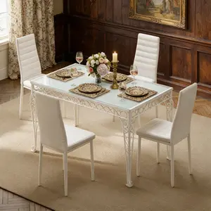 5 Pieces Modern Dining Table Set for 4, Glass Kitchen Table with High Back PU Leather Chairs, Compact Dining Furniture Set for Living Room, Kitchen, Dining Area