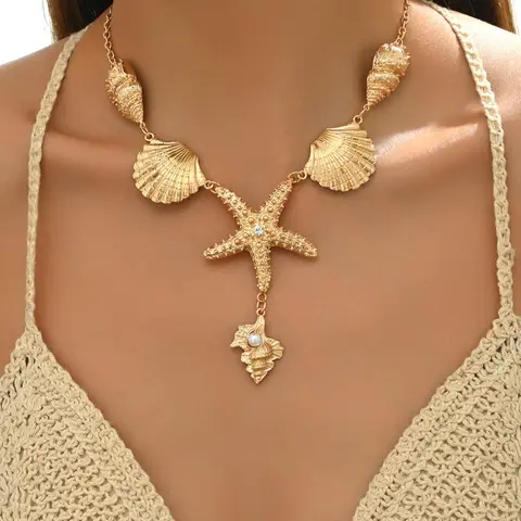Women's Elegant Shell & Starfish Design Pendant Necklace, Beach Boho Necklace, Beachy Jewelry, Fashion Jewelry, Faux Pearl Jewelry for Party, Daily Decor, Trendy All-match & Exquisite Jewelry for Birthday Gift, Exquisite Chain Jewelry, Alloy Necklace