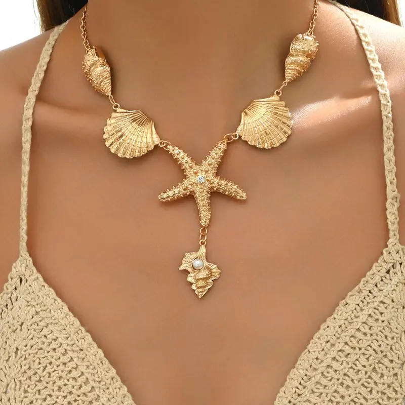 Women's Elegant Shell & Starfish Design Pendant Necklace, Beach Boho Necklace, Beachy Jewelry, Fashion Jewelry, Faux Pearl Jewelry for Party, Daily Decor, Trendy All-match & Exquisite Jewelry for Birthday Gift, Exquisite Chain Jewelry, Alloy Necklace