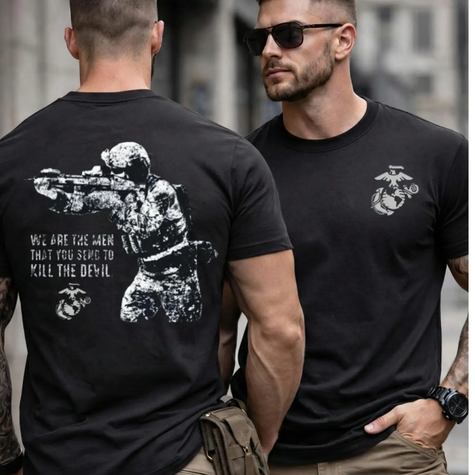 Men's Short-Sleeve Casual Plain T-Shirts & Hoodies - U.S. Marines Sniper Design, Round Neck, Bold Soldier-Rifle Graphic, 2-Sided "Kill the Devil" Quote, Soft Cotton Blend, Tactical Military Pride, Unisex Streetwear, Marine Gift, Gift For Marines, Graphic,