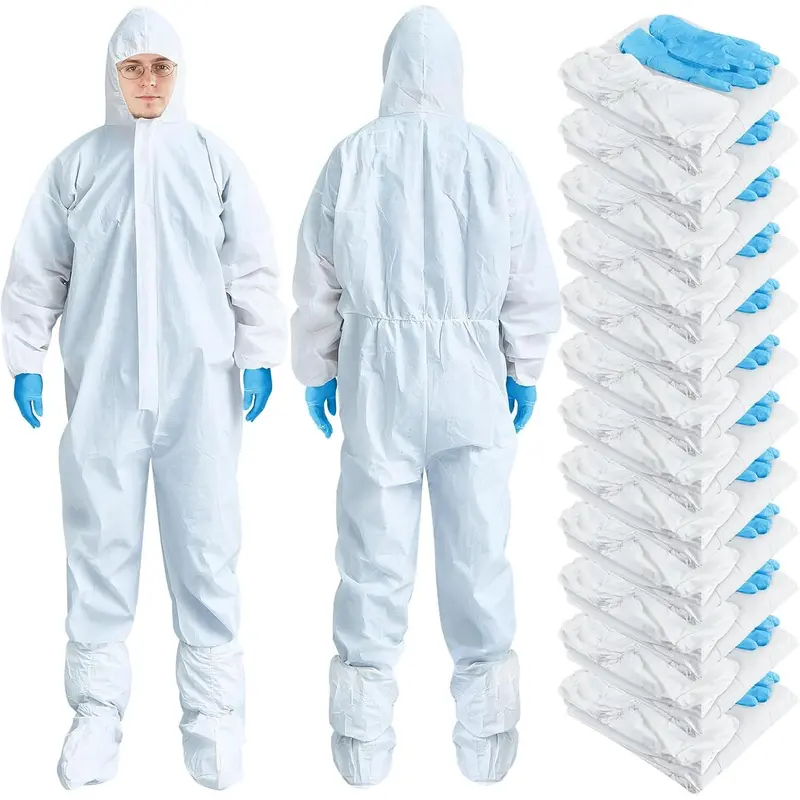 5 Sets Hazmat Suit Costume Disposable Halloween Protective Coverall Suit with Shoe Cover and Glove Breathable Paint Coverall (XXL,White)