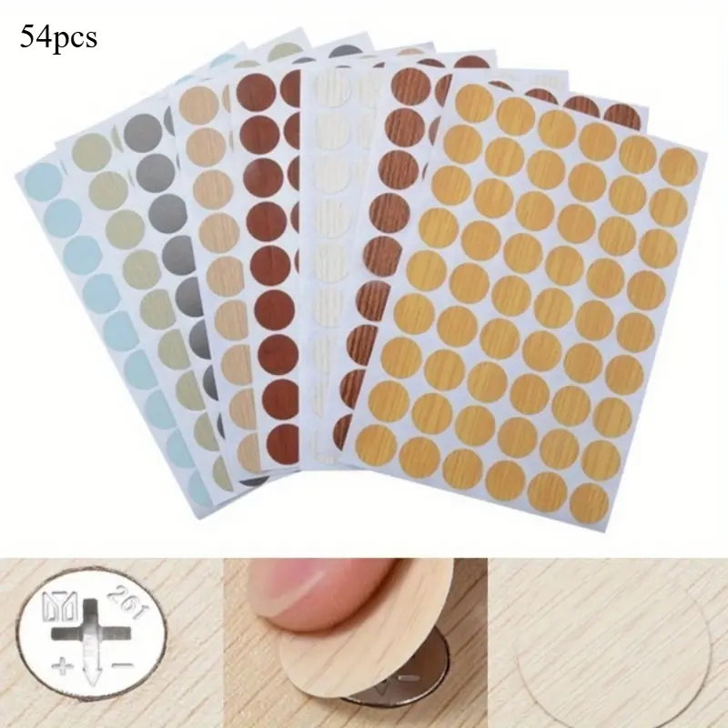 54 Pcs Furniture Screw Hole Cover Stickers - Self-Adhesive PVC Decorative Screw Cap Covers for Cabinet Shelf Repair, 21mm Plastic Hide Screw Heads, Easy Apply Wood Grain Effect Caps