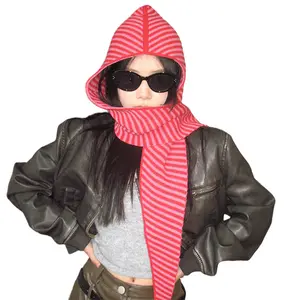 Striped Knitted Beanies Hooded Scarf Stylish Red and White Stripes for Warmth and Edgy Fashion Cozy Knitted Design Machine Washable Perfect for Layering