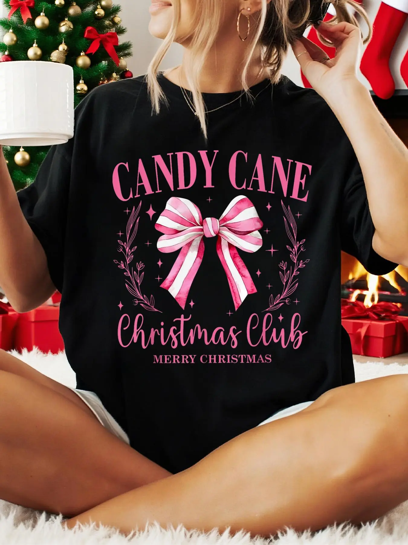 Women's 100% Cotton Short-Sleeve Round Neck Loose Casual Lady Christmas T-Shirt - Candy Cane, Coquette Bow, Blush Pink, Merry Xmas Design, Style, Top, Jackets
