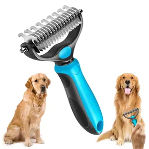 Pet Grooming Brush Double Sided Undercoat Rake for Dogs Cats with 9 Tooth & 17 Tooth Sides for Shedding Dematting & Tangle Removal Blue Plastic Handle - Deshedding Tool