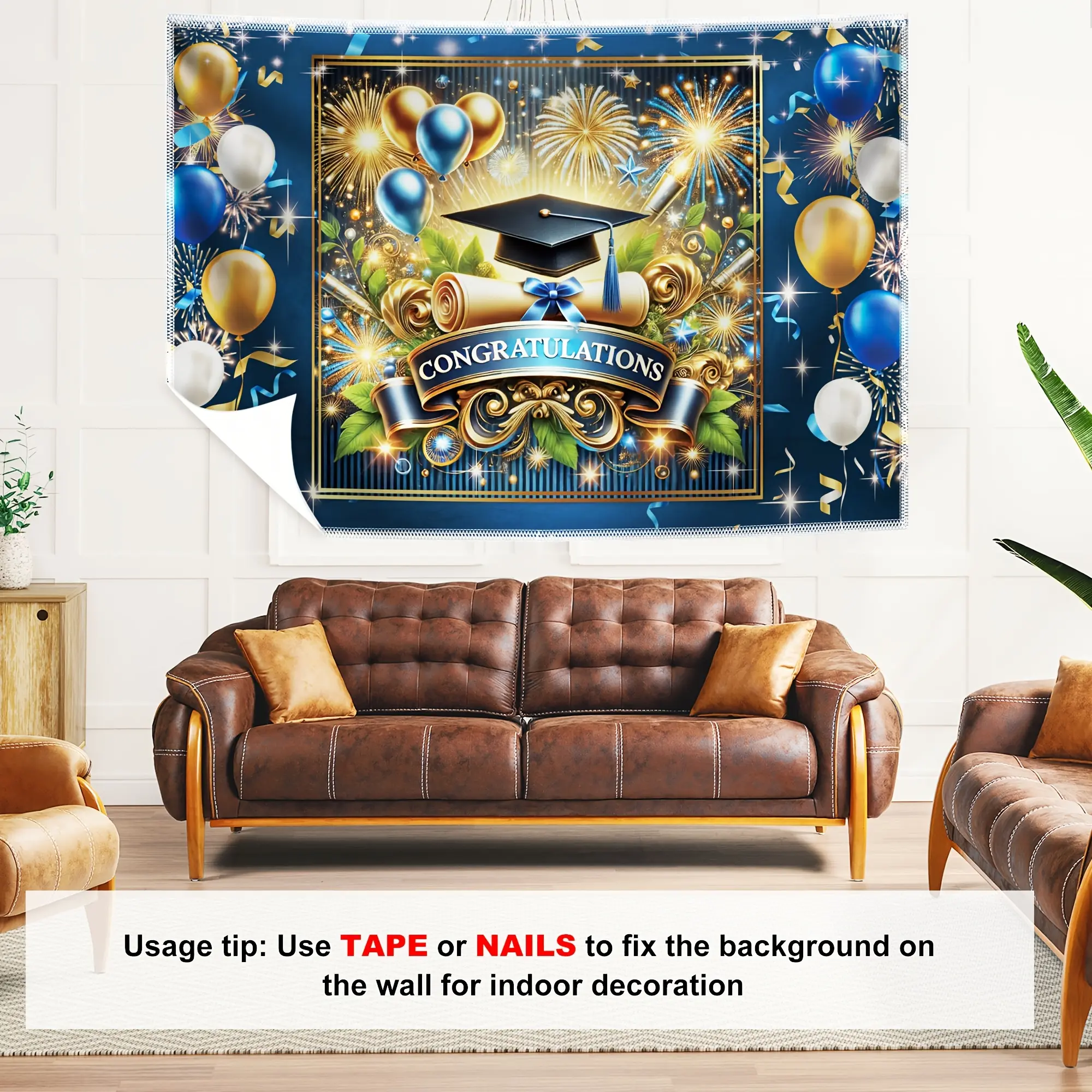 1pc Polyester Printing Graduation Photography Backdrop - Rectangular Flat Blue & Golden Cloth with Bachelor Cap Balloon Motif, Indoor Grad Party Congrats Decoration Banner for Photo Studio