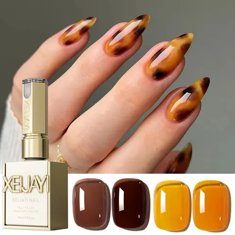 XEIJAYI Nail Care Gel Polish Set, 2-Piece 15ML TPO-HEMA Free Amber Tawny UV/LED Gel Nail Polish Bottles (M101 + M103 Warm Brown), Soak-Off Glossy Finish for Almond & Flower DIY Manicure, Autumn Winter Supplies