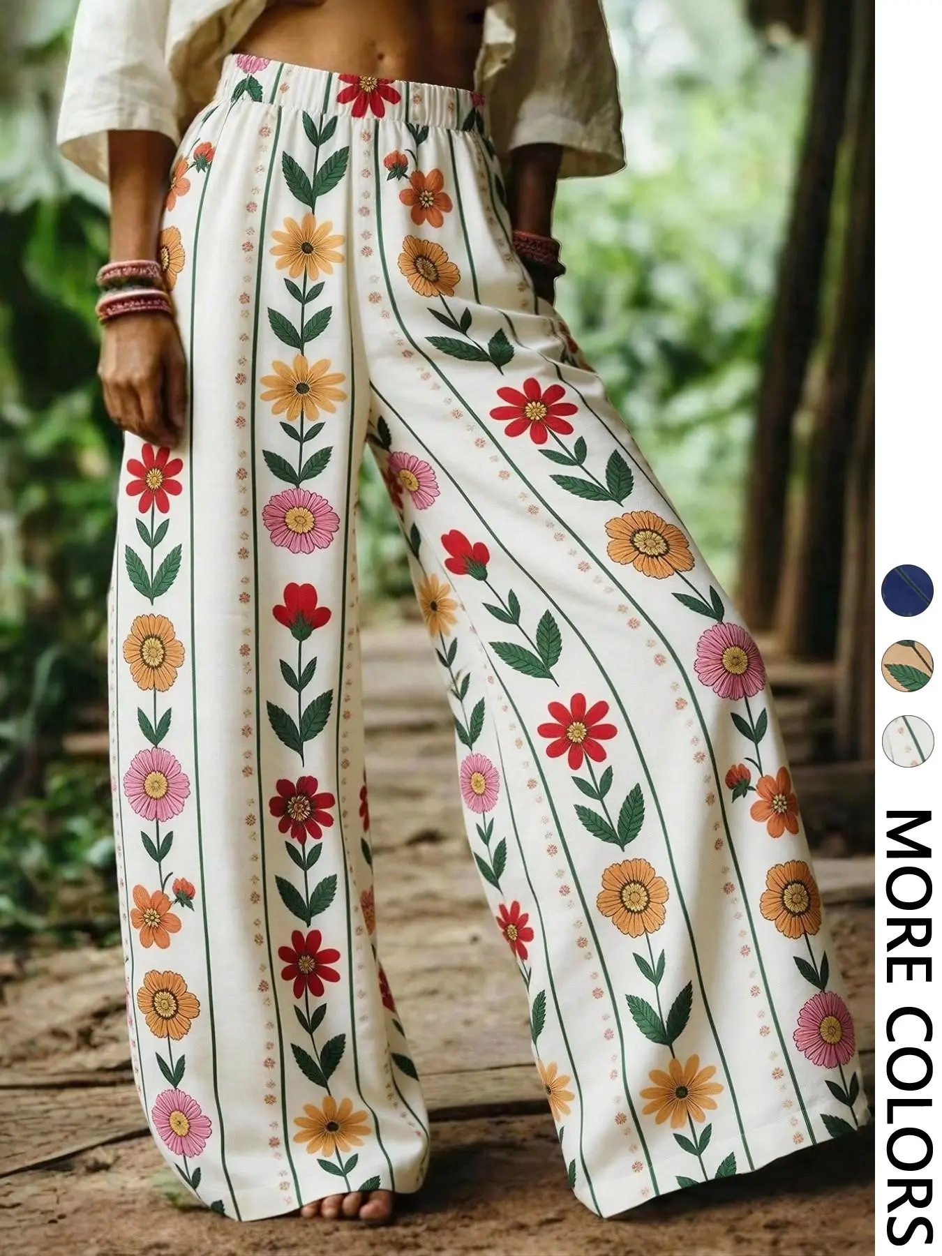 Women's Casual Bohemian Boho Floral Print Wide Leg Pants, Loose-Fitting Outdoor Beach Vacation Essential, All-Season Trousers for Relaxing Days