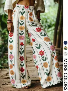 Women's Casual Floral Wide Leg Pants, Loose-Fitting Beach Vacation Essential, All-Season Trousers for Relaxing Days