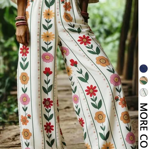 Women's Casual Bohemian Boho Floral Print Wide Leg Baggy Pants, Loose-Fitting Outdoor Beach palazzo harem Vacation Essential, All-Season Trousers for Relaxing Days