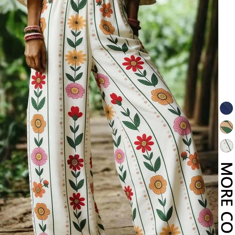 Women's Casual Bohemian Boho Floral Print Wide Leg Baggy Pants, Loose-Fitting Outdoor Beach palazzo harem Vacation Essential, All-Season Trousers for Relaxing Days
